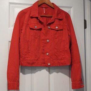 free people red denim crop jacket sz XS